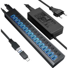 Misda Store Profesyonel USB Hub 16 Portlu USB 3.0 Type-C 5gbps Hızlı Şarj Bireysel Açma Kapama Anahtarları 12V Dc 7.5A Güç Adaptörü Telefon Şarj Dizüstü Bilgisayar Mobil HDD Flash Sürücü PORT16