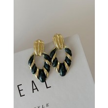Marsel Vintage Şerit Damla Yeşil Gold Pirinç Küpe