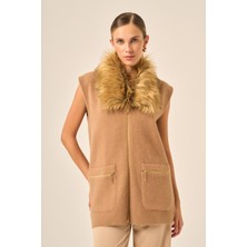 Ftz Women Ftz  Kadın Kürk Detaylı Angora Yelek  Bisküvi 20778