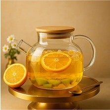 Vesta Concept Isıya Dayanıklı Cam Demlik – Süzgeçli Bitki Çayı ve Kahve Demliği - Bambu Kapaklı Şık Tasarım