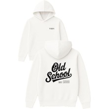 Vsrn Old Schl 1980 Tasarım Baskılı Oversize Beyaz Kapüşonlu Sweatshirt