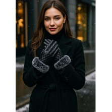 Zeynep Keskin Design Kadın Siyah Deri Kürk Detaylı Eldiven
