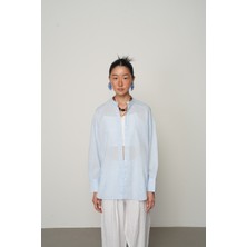 Orfeonegro Kadın Serin Esinti Ince Çizgili Bisiklet Yaka Mavi Gömlek