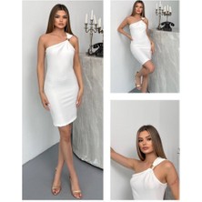 TRENDHAZAN Ottoman Kumaş Gold Toka Detaylı Tek Omuz Mini Elbise