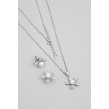 So CHIC İnci Çiçeği 18 Ayar Beyaz Altın Kaplama Gümüş Seti