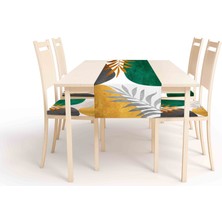 Soyut Desen , Dijital Baskı , Çift Taraflı , Süngerli Fermuarlı 4 Adet Sandalye Minderi ve 1 Runner Mutfak Bahçe Yemek Masası 5li Set