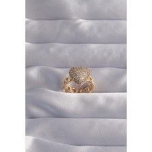 Claris Pirinç Ayarlamalı Gold Renk Zirkon Taşlı Bombeli Kalp Yüzük