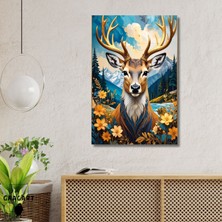 Gaagart Tekli Dikey Kanvas Tablo Çiçekler ve Manzarada Geyik