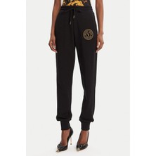 Versace Kadın Regular Fit Nakışlı V Amblemli Paçası Lastikli Eşofman Altı - Siyah/altın Sarısı