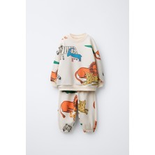 Magu Unisex Çocuk Pamuklu Krem Safari Hayvan Desenli Sweatshirt ve Jogger Eşofman Takım
