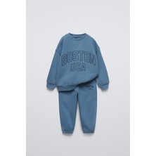 Magu Erkek Çocuk Pamuklu Mavi Boston Usa Baskılı Sweatshirt Eşofman Takım