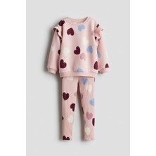 Magu Kız Çocuk Pamuklu Pudra Kalpli Sweatshirt ve Tayt Takım - Fırfır Omuz Detaylı