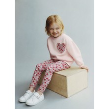 Magu Kız Çocuk Pamuklu Pembe Kalp Desenli Sweatshirt ve Çiçekli Tayt Takım