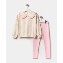 Magu  Kız Çocuk Pamuklu Ekru Kurdele Desenli Fırfırlı Yaka Sweat ve Pembe Tayt Takım