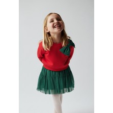 Magu Kız Çocuk Pamuklu Kırmızı Fiyonklu Sweatshirt Yeşil Tüllü Etekli Takım - Şık ve Konforlu Kombin