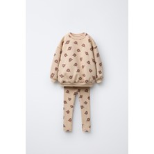 Magu Kız Çocuk Pamuklu Bej Çiçek Desenli Sweatshirt ve Tayt Takımı - Yumuşak Dokulu