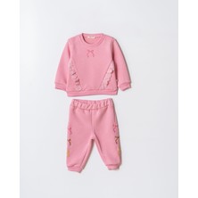 Magu Kız Çocuk Pamuklu Pembe Dantel ve Fiyonk Detaylı Eşofman Takımı - Yumuşak Kumaşlı Iki Parça Set