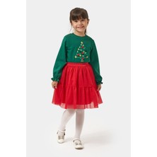 Magu Kız Çocuk Pamuklu Yeşil Yılbaşı Ağaç Baskılı Uzun Kollu Kırmızı Tüllü Takım - Happy Holidays Temalı