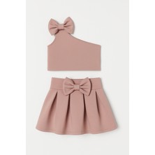 Magu Kız Çocuk Pamuklu Gülkurusu Fiyonklu Etekli Takım - Asimetrik Omuz Detaylı