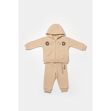 Magu Bebek Pamuklu Bej Kapüşonlu Ayıcık Baskılı Eşofman Takımı - Iki Parça