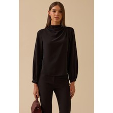 Seçil Kadın Dik Yaka Drape Detaylı Bluz 0004 Siyah