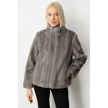 Ekol Kadın Çizgili Peluş Mont 8009 Antrasit