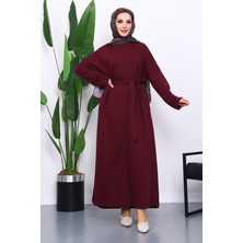 İmaj Butik Mürdüm Kuşaklı Üç İplik Elbise