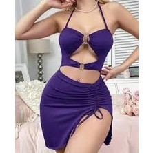 Beruflic Kadın Mor Fantezi Elbise Önden Büzgü Dekolteli 5083