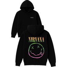 Vsrn Nırvana Emoji Tasarım Baskılı Oversize Siyah Kapüşonlu Sweatshirt