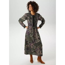 Şans Kadın Büyük Beden Yeşil, Kroşeta Lastik Detaylı, Çiçek Desenli Viskon Uzun Elbise 65N39178