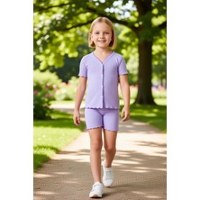 PayBuy Kız Çocuk V Yaka Düz Örme Kısa Kollu Üst ve Şort Takımı Kaliteli Şık Rahat  Günlük