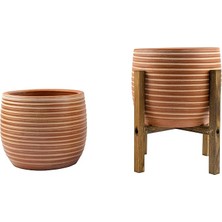 Misda Store Tasarımı Ev Dekorasyon Yan Çizgi Desenli Toprak Saksı Saksılık Salon Çiçeklik Ikili Set Ayaksız - 4 Ayaklı- 19 cm