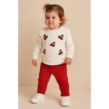 Dinamik çocuk Kız Bebek/çocuk Kiraz Nakışlı Omuzdan Çıtçıtlı Bebek Takımı 2li Alt Üst Mevsimlik 6-9-12AYLIK