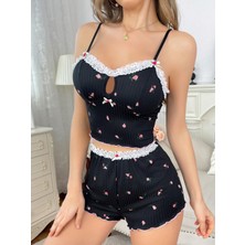 Veille Yumuşak Kumaşlı Çiçekli Şortlu Dantelli Gecelik Takımı, Rahat ve Şık Ev Giyim,kadın Pijama