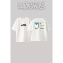 Anetos Kutup Ayısı Tasarım Sırt Baskılı Pamuk Beyaz Oversize T-Shirt