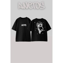 Anetos Astranot Rakun Tasarım Sırt Baskılı Pamuk Siyah Oversize T-Shirt
