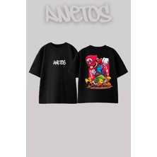 Anetos Marıio Tasarım Sırt Baskılı Pamuk Siyah Oversize T-Shirt