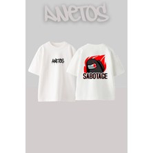 Anetos Among Us Sabotage Tasarım Sırt Baskılı Pamuk Beyaz Oversize T-Shirt