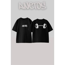 Anetos Halter Tasarım Sırt Baskılı Pamuk Siyah Oversize T-Shirt
