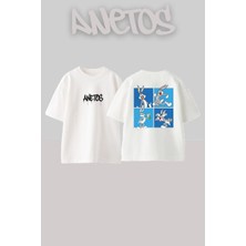 Anetos Bugs Bunny Tasarım Sırt Baskılı Pamuk Beyaz Oversize T-Shirt