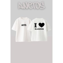Anetos I Love Blackpink Tasarım Sırt Baskılı Pamuk Beyaz Oversize T-Shirt