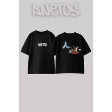 Anetos Mordekai Rigby Bahcıvan Tasarım Sırt Baskılı Pamuk Siyah Oversize T-Shirt