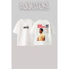 Anetos Bad Bunny 5 Tasarım Sırt Baskılı Pamuk Beyaz Oversize T-Shirt