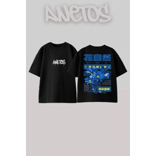 Anetos Mavi Papatyalar Tasarım Sırt Baskılı Pamuk Siyah Oversize T-Shirt