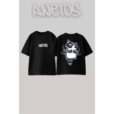 Anetos 6 Kollu Rakun Tasarım Sırt Baskılı Pamuk Siyah Oversize T-Shirt