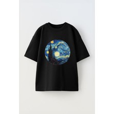 Anetos Van Gogh 3 Baskılı Ünisex Pamuk Siyah Oversize T Shirt