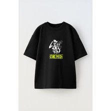 Anetos Anime One Piece Ön Baskılı Pamuk Siyah Oversize T Shirt