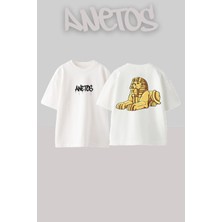 Anetos Fıravun Tasarım Sırt Baskılı Pamuk Beyaz Oversize T-Shirt