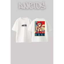 Anetos Baki Hanma Tasarım Sırt Baskılı Pamuk Beyaz Oversize T-Shirt