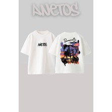 Anetos Summer Bear Tasarım Sırt Baskılı Pamuk Beyaz Oversize T-Shirt